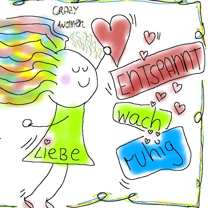 Selbstgemaltes Bild mit fliegender Frau, Herzen und Worten: Liebe, entspannt, wach, ruhig